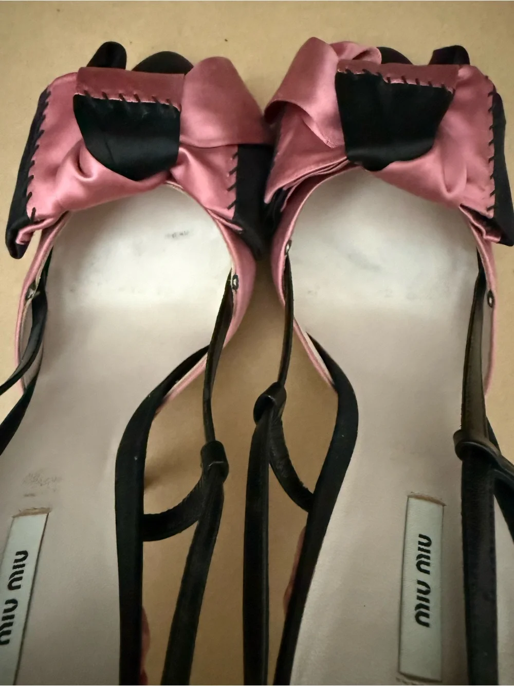 Miu Miu Pink Black Sexy Satin Bow Slingback Heels Size 39 EUC 5” Heel